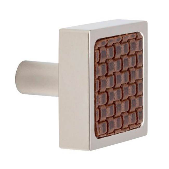 Colonial Bronze Leather Accented Square Cabinet Knob With Straight Post, Unlacquered Polished Brass x Shagreen Gris Ligero Leather