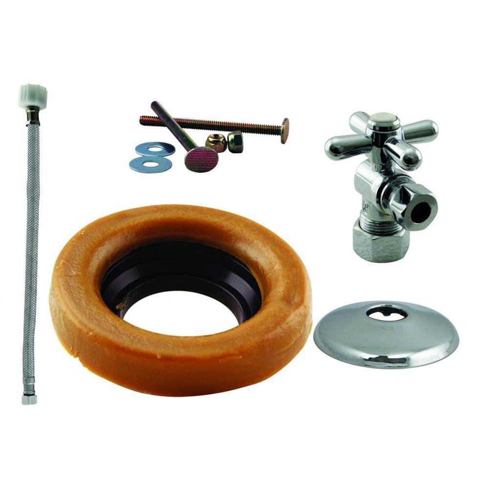 Westbrass Toilet Kit with 1/4-Turn nom comp Stop and Wax Ring - Cross Handle in Polished Chrome