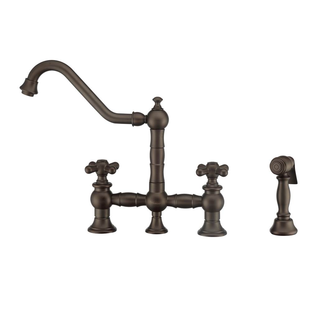 Whitehaus Collection Vintage III Plus Bridge Faucet with Long Traditional Swivel Spout, Cross Handles and Solid Brass Side Spray